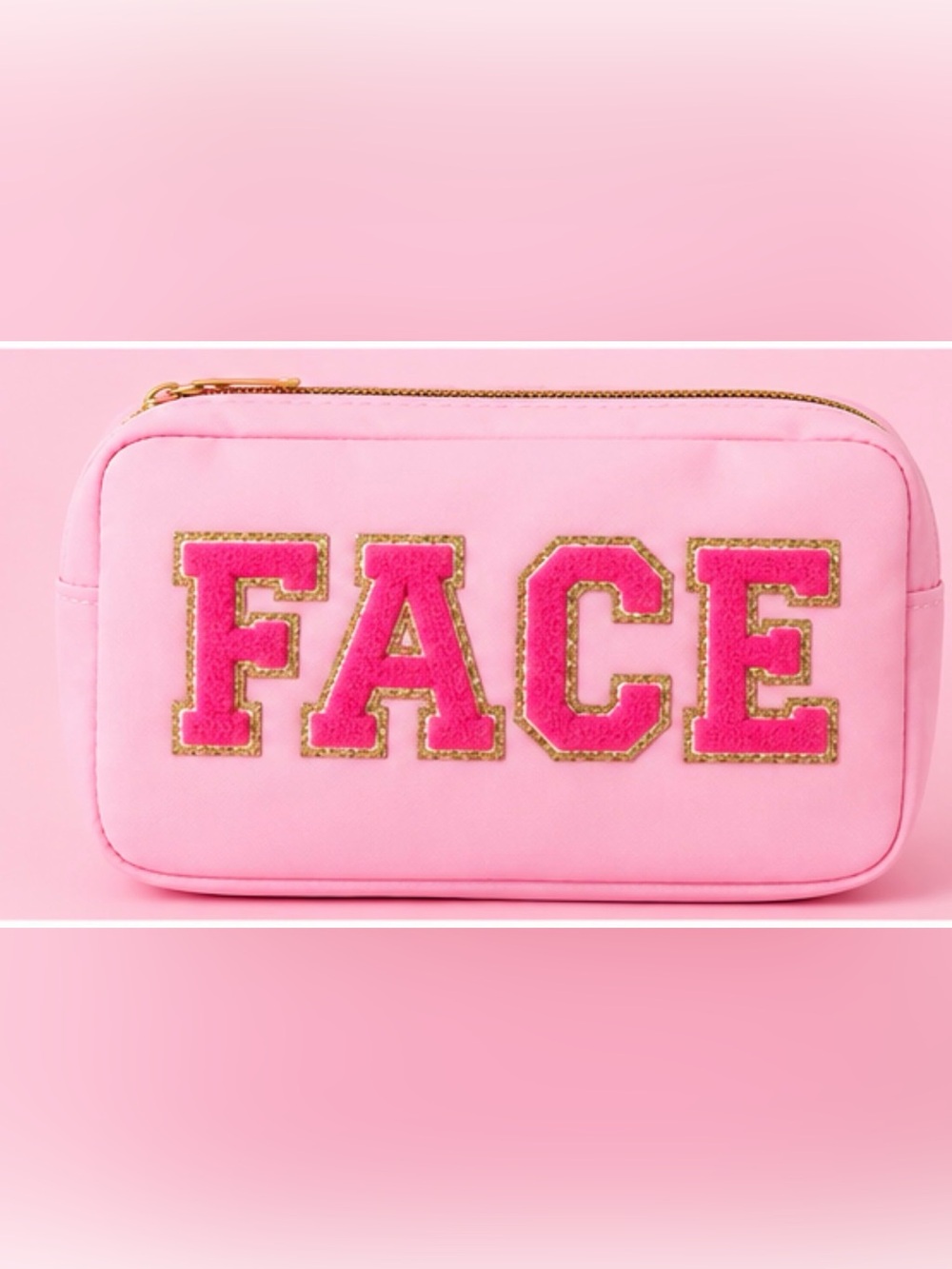 Pink 'FACE' nylon Travel Pouch with Gold Trim varsity letter patches